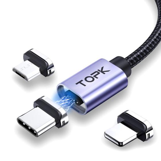 Imagem de Cabo Magnético 3 em 1 USB Tipo C Lightning Micro USB 1m TOPK AM45