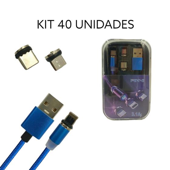 Imagem de Cabo Magnético Turbo 3 em 1 Micro Usb Tipo C e Ios Com Led Universal Kit 40 Unidades