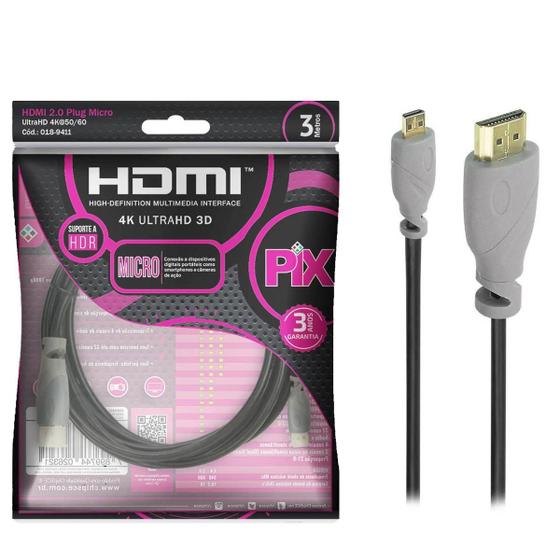 Imagem de Cabo Micro Hdmi X Hdmi 3 Metros Blindado 2.0 Ethernet 3M 4K