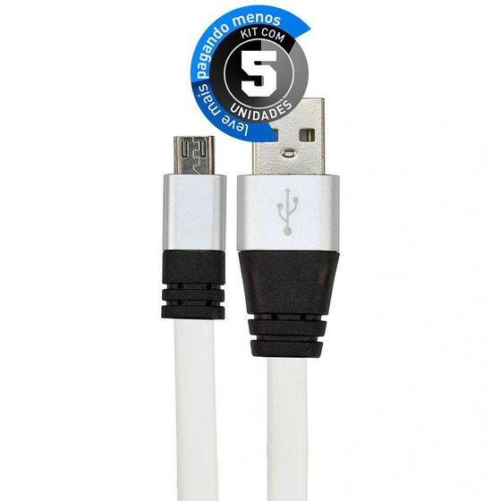 Imagem de Cabo Micro Usb Flat Celular De Silicone Branco - Kit Com 5