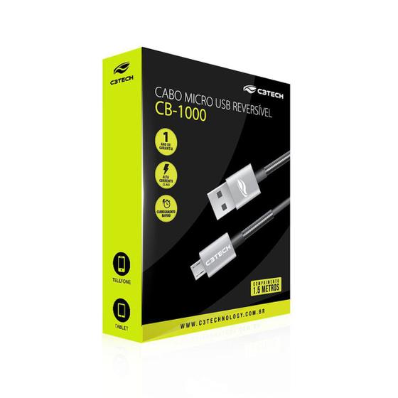Cabo Micro USB ReversÃ­vel C3Tech CB-1000GY ReforÃ§ado Cinza 1,5 metro - Micro USB - Magazine Luiza
