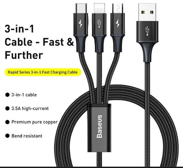 Cabo Multi Usb 3 In 1 Baseus Rapid Series 3.5a 1.2m Menor preço em Cabo Multi Usb 3 In 1 Baseus Rapid Series 3.5a 1.2m