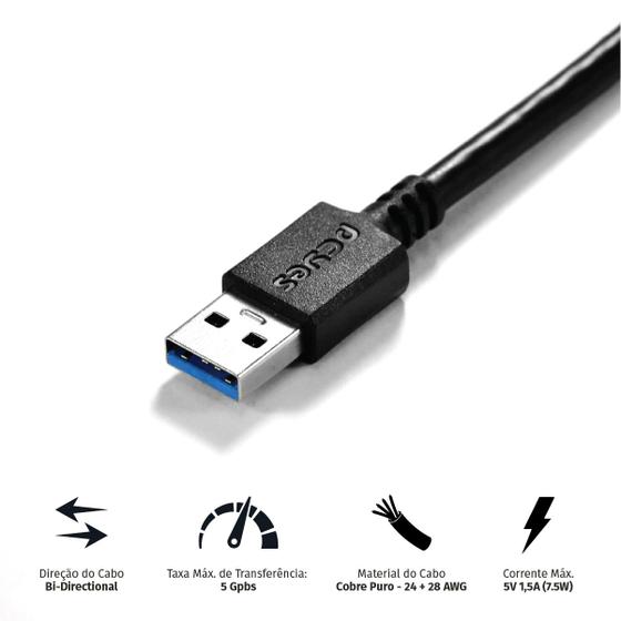 Imagem de Cabo Para Hd Externo Usb A 3.0 Macho Para Micro Usb B 3.0 (10 Pinos) Macho 28awg Puro Cobre 2 Metros - Puamcm3-2