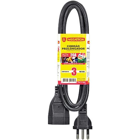 Cabo Prolongador PP 3x2,5mm 3 Metros Preto 413 - Megatron - Megatron Menor preço em Cabo Prolongador PP 3x2,5mm 3 Metros Preto 413 - Megatron - Megatron