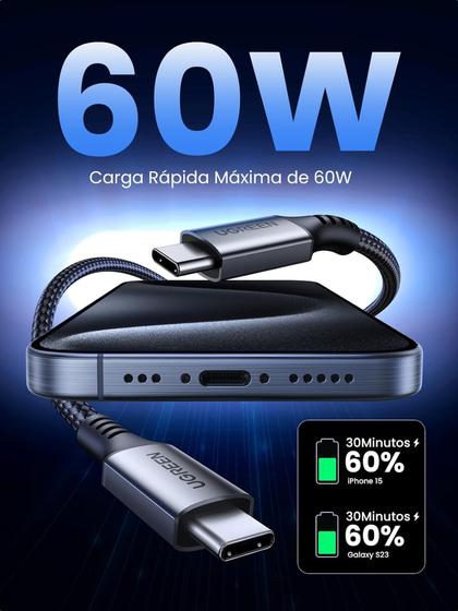 Imagem de Cabo UGREEN USB-C para USB-C PD 60W 20V/3A ( 2 Metros ) Tipo-C carregamento rápido nylon trançado