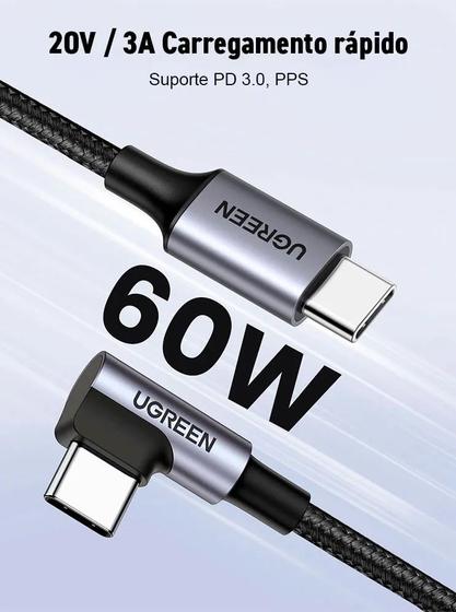 Imagem de Cabo Ugreen USB-C/USB-C 90 60W US255 1M - Preto