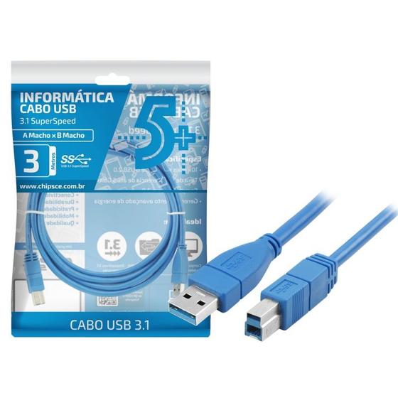 Imagem de Cabo USB 3.1 A Macho + B Macho para Impressoras e Scanners 3 Metros - 018-7732 - ChipSCE