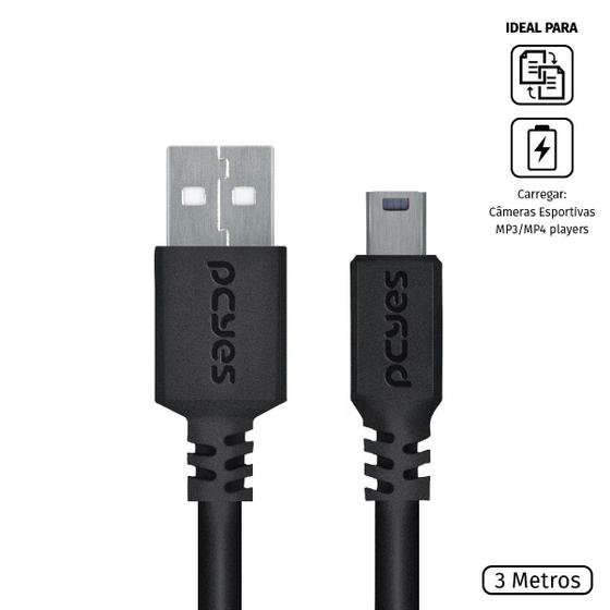 Imagem de Cabo Usb A 2.0 Macho Para Mini Usb B Macho 28awg Puro Cobre 3 Metros - Puanm2-3