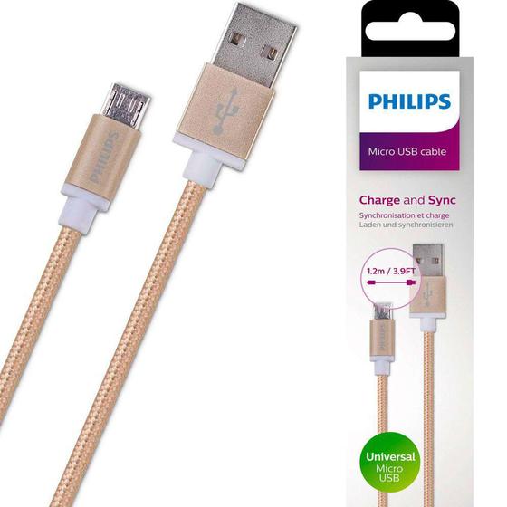 Cabo USB com Micro USB 1.2m Série Premium Trançado Dourado - Philips Menor preço em Cabo USB com Micro USB 1.2m Série Premium Trançado Dourado - Philips