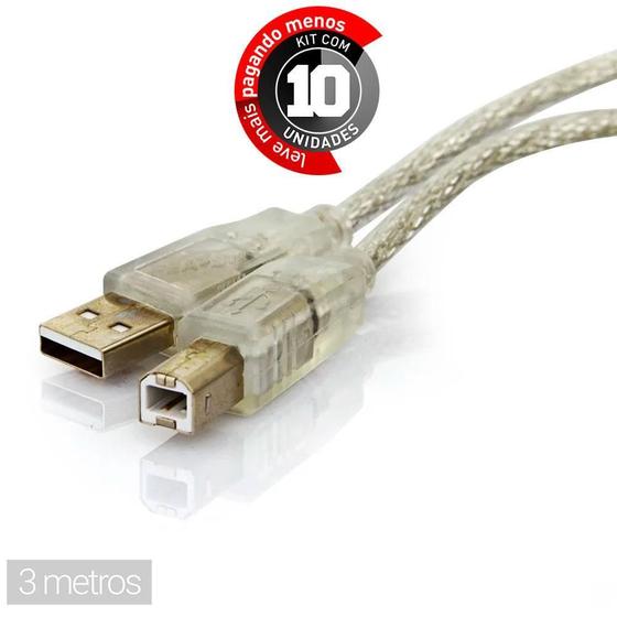 Imagem de Cabo Usb Impressora Ab - 3 Metros - Kit 10