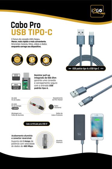 Imagem de Cabo USB Tipo C 2 Metros Nylon Cor Chumbo i2Go Pro