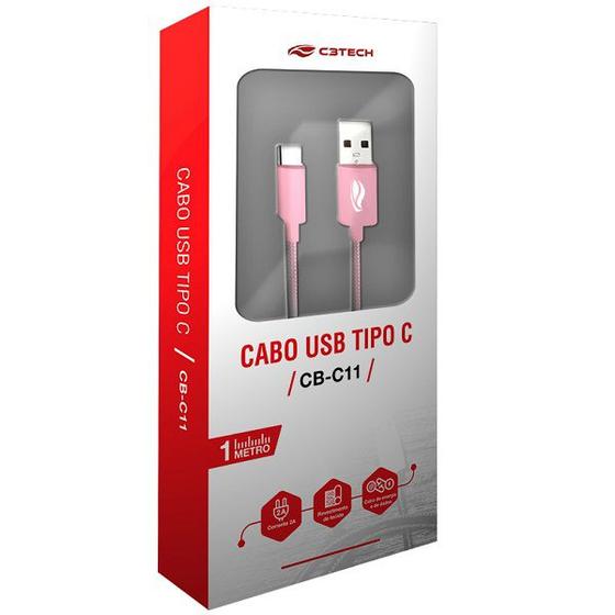 Imagem de Cabo USB X USB-C 1M 2A CB-C11PK Rosa C3 TECH