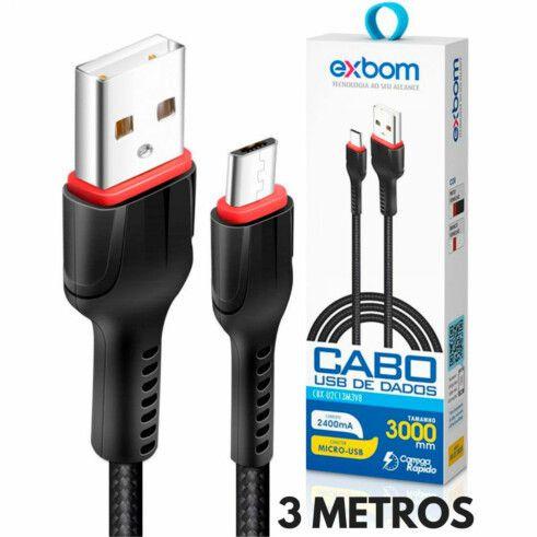 Imagem de Cabo V8 Micro USB 2.4A Turbo 3 Metros Exbom