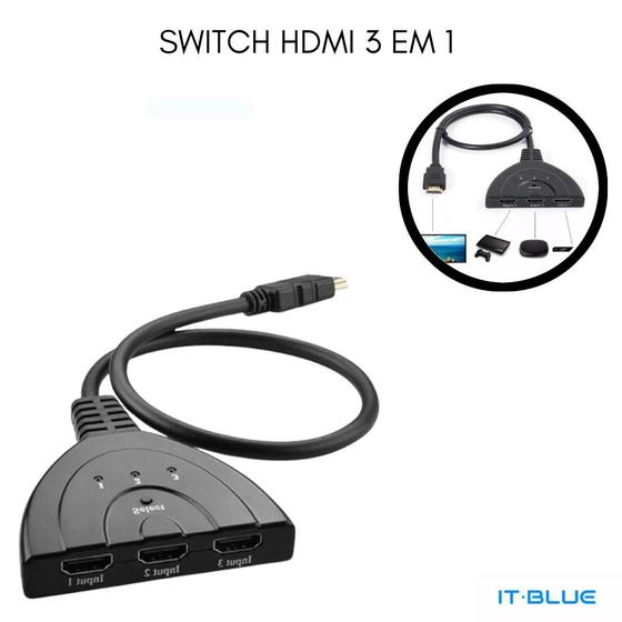 Imagem de Cabo Y Divisor Switch 3 Entradas Hdmi Conversor 3x1 Duplicador Tv Notebook Video Game