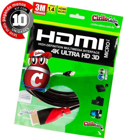 Imagem de Cabos Micro Hdmi - 3 Metros Cirilo Cabos - Kit Com 10