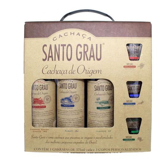 Imagem de Cachaça de Origem Santo Grau 3 Garrafas 375ml + 3 Copos