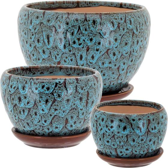 Imagem de Cachepô vaso decorativo planta cerâmica azul 3 peças