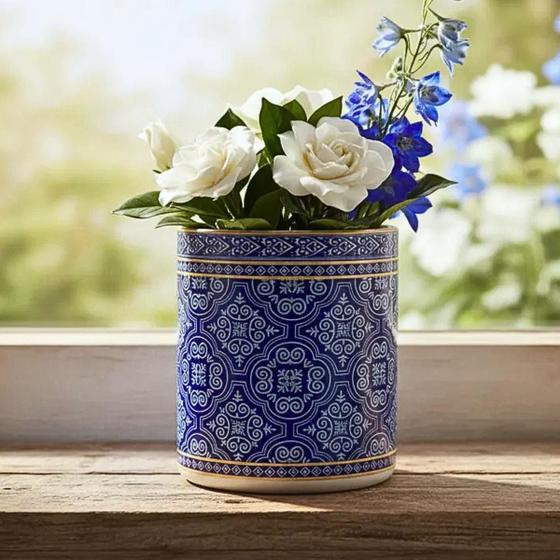 Cachepôs Vaso Azulejo Português Azul Branco 10 cm Arranjos Flores Suculentas