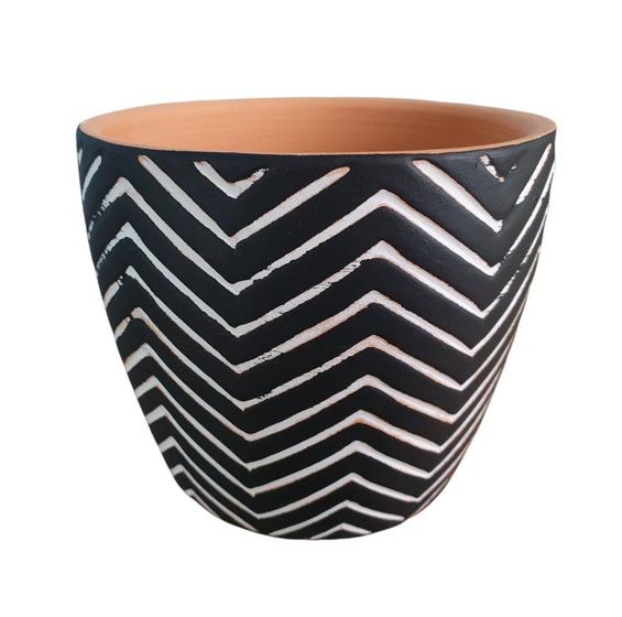 Imagem de Cachepot Cerâmica Vaso Para Plantas De Preto Zig Zag 11 cm