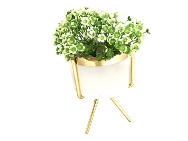 Imagem de Cachepot Resina Branco Base Metal Gold E Planta Decor