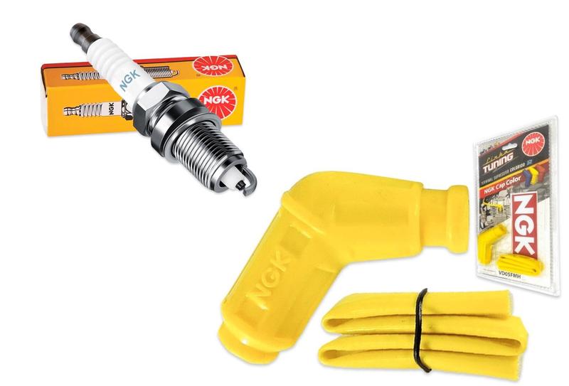 Imagem de Cachimbo De Vela Supressivo Ngk VD05FMHY Amarelo Tunning + Vela Cpr8ea-9 Cg Titan Fan Cargo 150 160 De 2004 Ate 2022