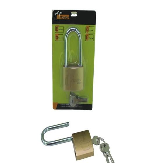 Cadeado 48mm latao haste longa grande 3 chaves portao porta aco