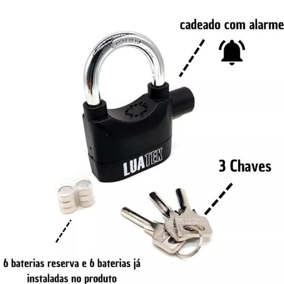 Imagem de Cadeado Antifurto Aço Reforçado Com Alarme Sonoro Resistente A Chuva Com 3 Chaves