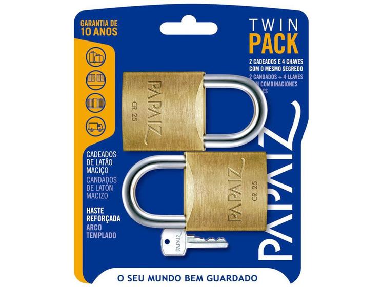 Imagem de Cadeado Chave Papaiz Twin Pack Duplo - 25mm Amarelo e Cromado 2 Unidades