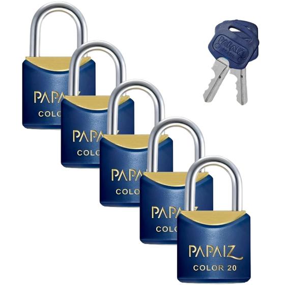 Imagem de Cadeado Pequeno 20mm Haste Curta Latão Maciço Azul Com Chave  Papaiz  Kit 05 Un