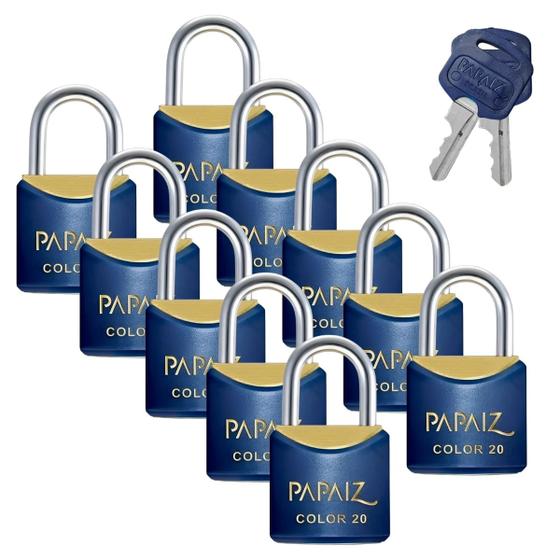 Imagem de Cadeado Pequeno 20mm Haste Curta Latão Maciço Azul Com Chave  Papaiz  Kit 10 Un
