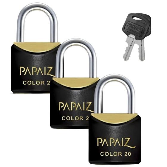 Imagem de Cadeado Pequeno 20mm Haste Curta Latão Maciço Preto Com Chave  Papaiz  Kit 03 Un