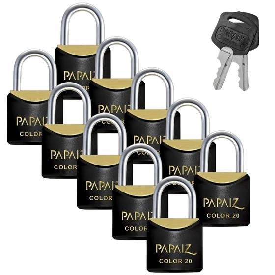 Imagem de Cadeado Pequeno 20mm Haste Curta Latão Maciço Preto Com Chave  Papaiz  Kit 10 Un