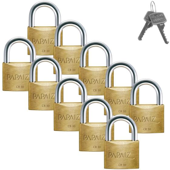 Imagem de Cadeado Pequeno 30mm Haste Curta Latão Maciço Dourado Com Chave  Papaiz  Kit 10 Un