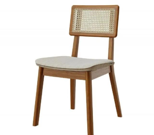 Imagem de Cadeira De Madeira Tauari Classic Com Tela Rattan Estofada Em Linho Móveis Para Sala De Jantar Moderno