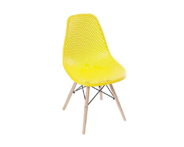 Imagem de Cadeira decorativa assento PP amarelo base estilo Eiffel com armário de madeira