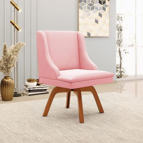 Imagem de Cadeira Decorativa Sala de Jantar Base Giratória de Madeira Firenze Suede Rosa Bebê/Natural G19 - Gran Belo