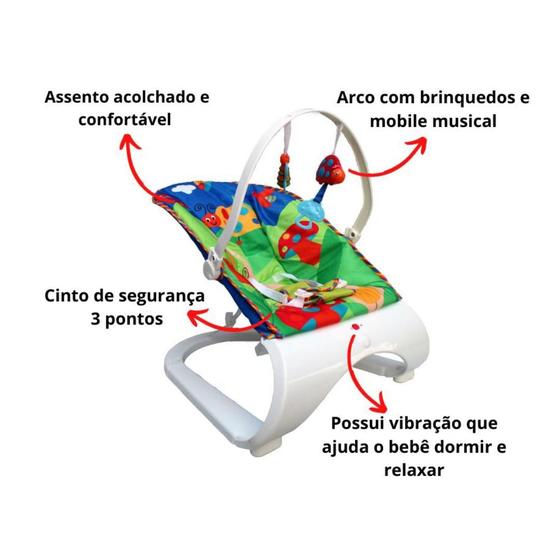 Imagem de Cadeira descanso bebe com vibração brinquedinho musical acolchoada com base curva  azul