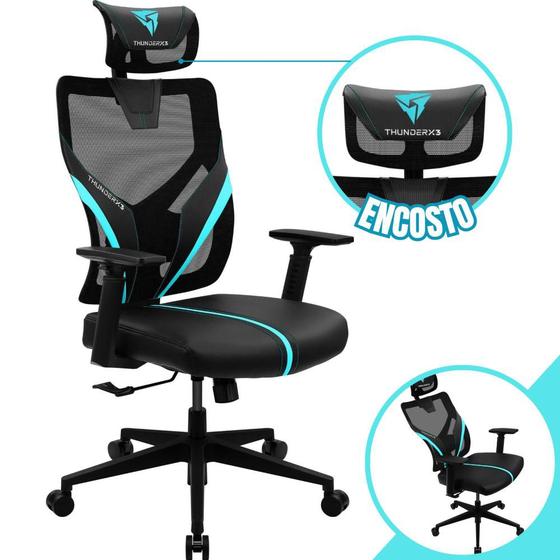 Imagem de Cadeira Ergonômica Escritório Gamer de Alto Conforto Com Reclinação de 135 Cor Ciano e Preto Com Apoio de Cabeça Bidirecional Ajustável de Tecido Respirável