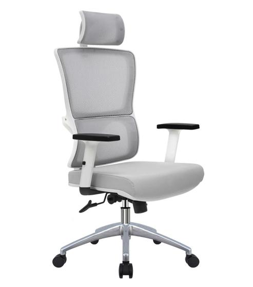 Imagem de Cadeira Ergonômica Escritório Presidente Ajustável Alta de Tela Corrige Postura NR17 Premium S Top Seat Branca e Cinza