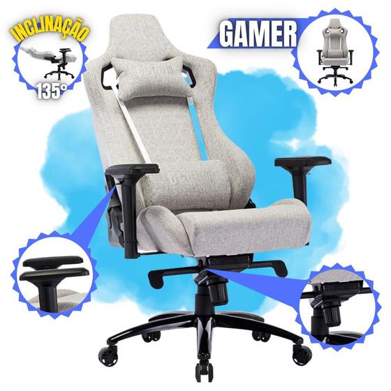 Imagem de Cadeira Escritório Modelo Gamer Alto Conforto Em Tecido Respirável Cinza Com Almofada Para Lombar e Pescoço HEAVY DUTY Até 180kg