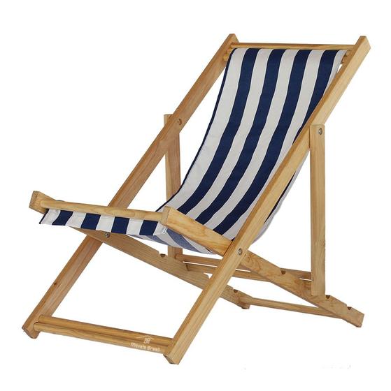 Imagem de Cadeira Espreguiçadeira Preguiçosa Dobrável Sem Braço Madeira Maciça Natural Com Tecido Listrado Azul e Branco