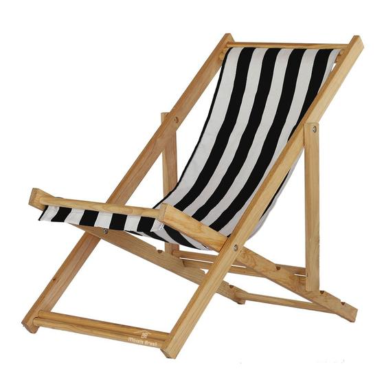Imagem de Cadeira Espreguiçadeira Preguiçosa Dobrável Sem Braço Madeira Maciça Natural Com Tecido Listrado Preto e Branco