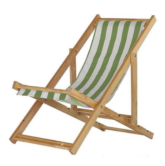 Imagem de Cadeira Espreguiçadeira Preguiçosa Dobrável Sem Braço Madeira Maciça Natural Com Tecido Listrado Verde e Branco