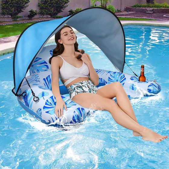 Imagem de Cadeira flutuante de piscina MorTime com porta-copos de dossel para adultos