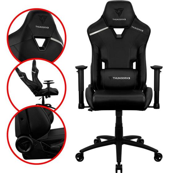 Imagem de Cadeira Gamer Confortável Com Altura e Encosto Reguláveis material sintético e Fibra de Carbono Suporta Até 120Kg Base de Metal e Apoio de Lombar e Pescoço Cor Preta All Black
