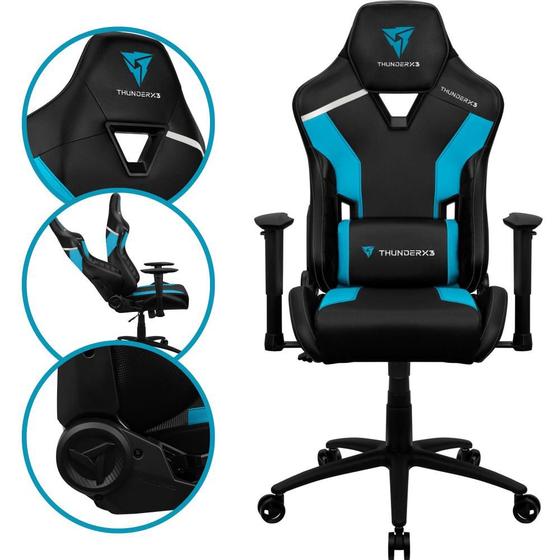 Imagem de Cadeira Gamer Cor Azul e Preta Confortável Base de Metal Giratória Com Rodinhas Ergonômica Confortável Ajuste de Braço Bidirecional e de Altura Apoio