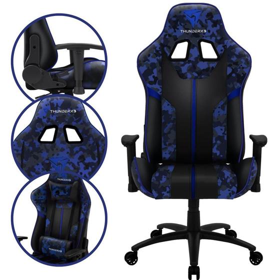 Imagem de Cadeira Gamer Escritório de Alto Conforto Com Almofadas Ergonômicas e Altura Ajustável ThunderX3 BC3 Camo Admiral Azul Militar