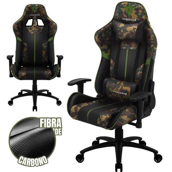 Imagem de Cadeira Gamer Escritório de Alto Conforto Com Almofadas Ergonômicas e Altura Ajustável ThunderX3 BC3 Verde Militar Camuflada