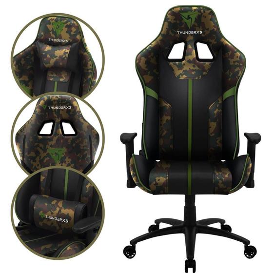 Imagem de Cadeira Gamer Escritório ThunderX3 BC3 Encosto Reclinável material PU de Alta Qualidade Cor Verde Militar Camuflada