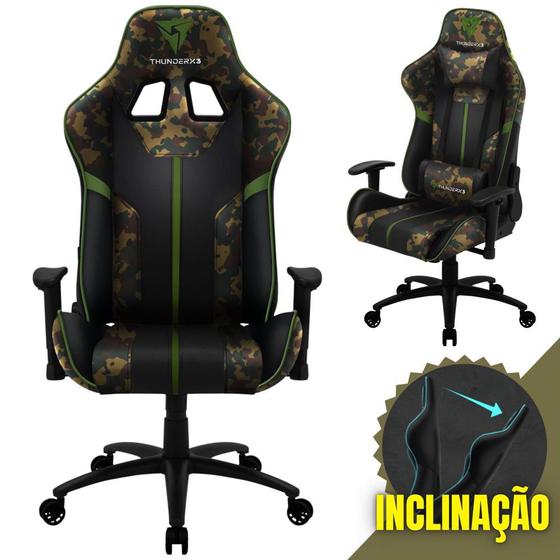 Imagem de Cadeira Gamer Escritório ThunderX3 BC3 Giratória com Rodinhas Apoio para Cabeça e Apoios de Braços 2D Verde Militar Camuflada